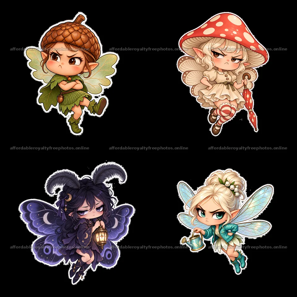 Kawaii grumpy fairies in a playful 2x2 arrangement – royalty-free photos 7746x7746