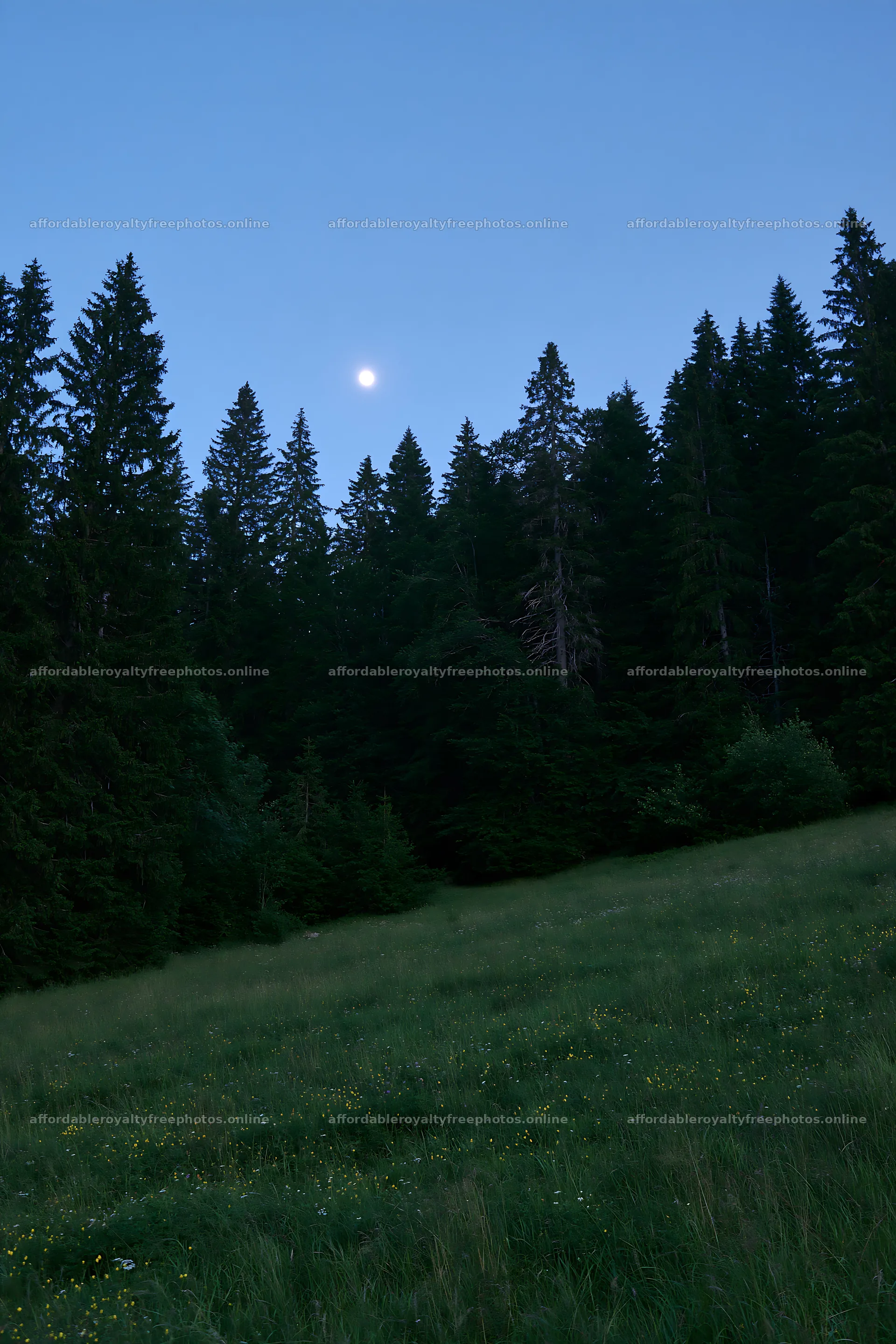 Moonlit meadow with moon above trees at dusk – royalty-free photos 6480x9722