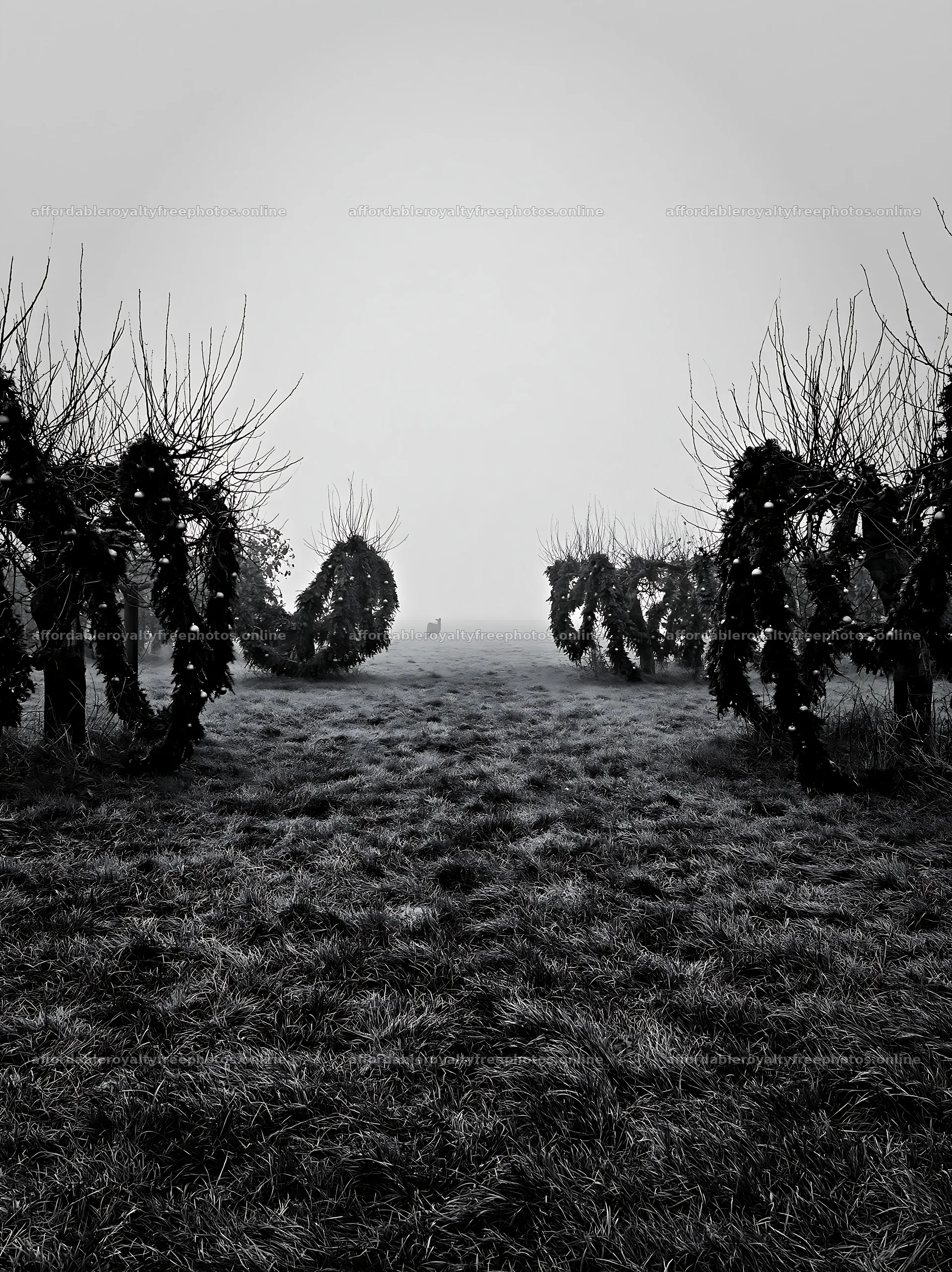 Meadow with apple trees and garlands during foggy weather – royalty-free photos 6866x9174