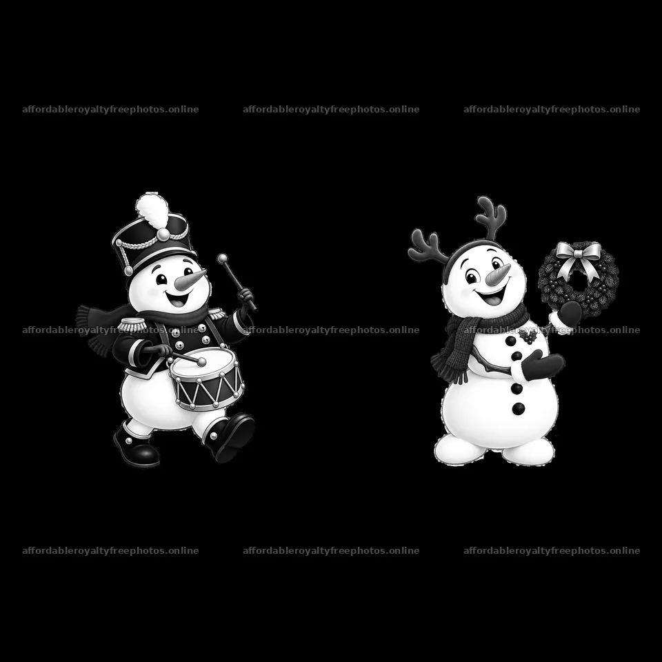 Christmas snowman with drum and snowman with wreath – royalty-free photos 7746x7746
