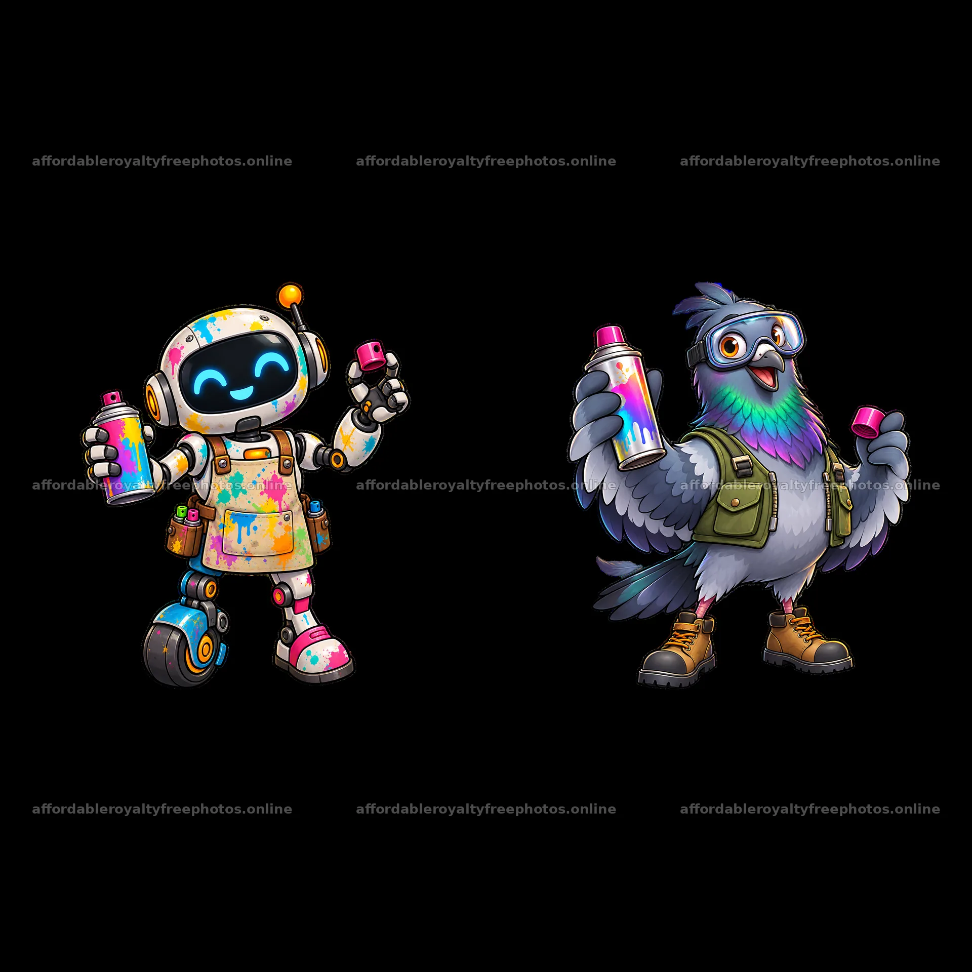 Graffiti sprayer robot and bird holding spray paint cans – royalty-free photos 7746x7746