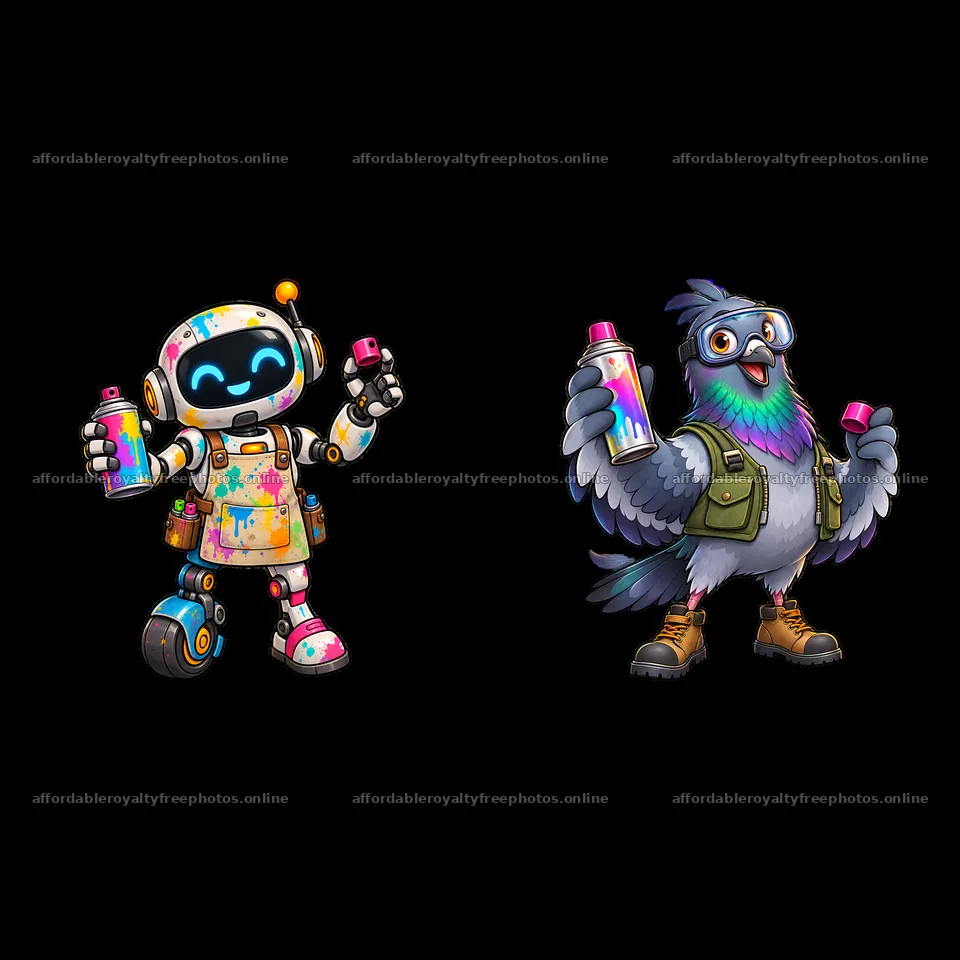 Graffiti sprayer robot and bird holding spray paint cans – royalty-free photos 7746x7746