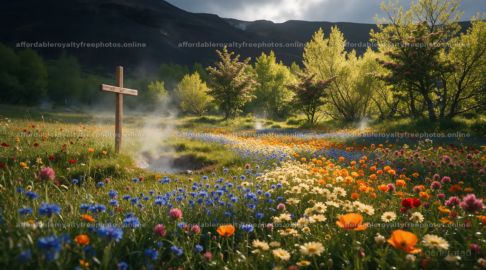 Wooden cross in a hot spring meadow with colorful flowers – royalty-free photos 10648x5916