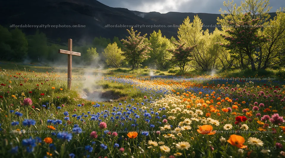 Wooden cross in a hot spring meadow with colorful flowers – royalty-free photos 10648x5916