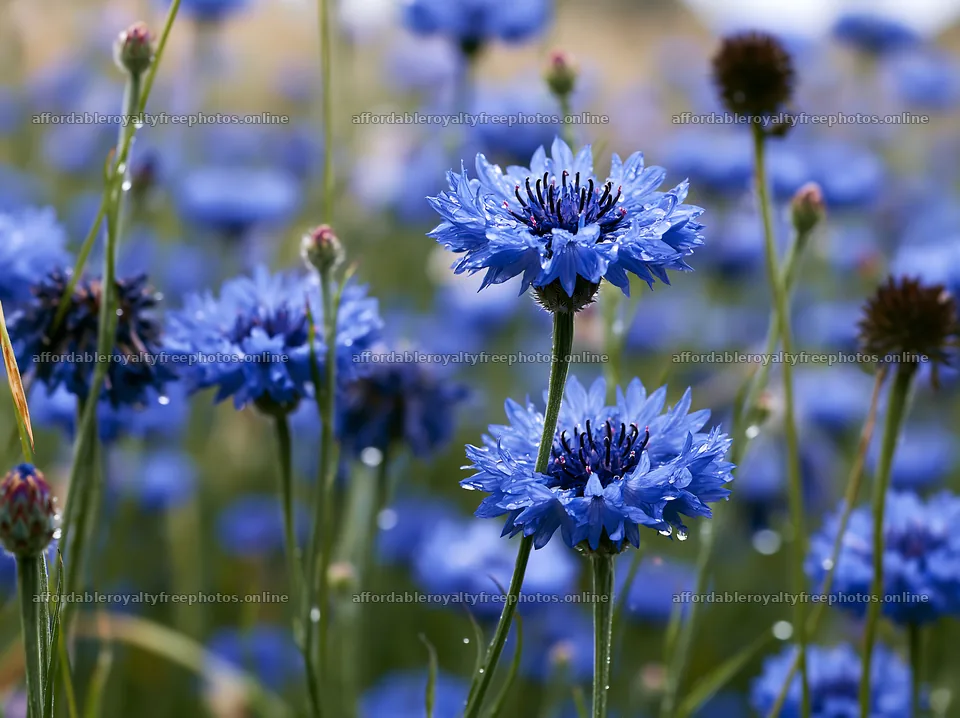 Rainy valley meadow with blue flowers and raindrops – royalty-free photos 9174x6866