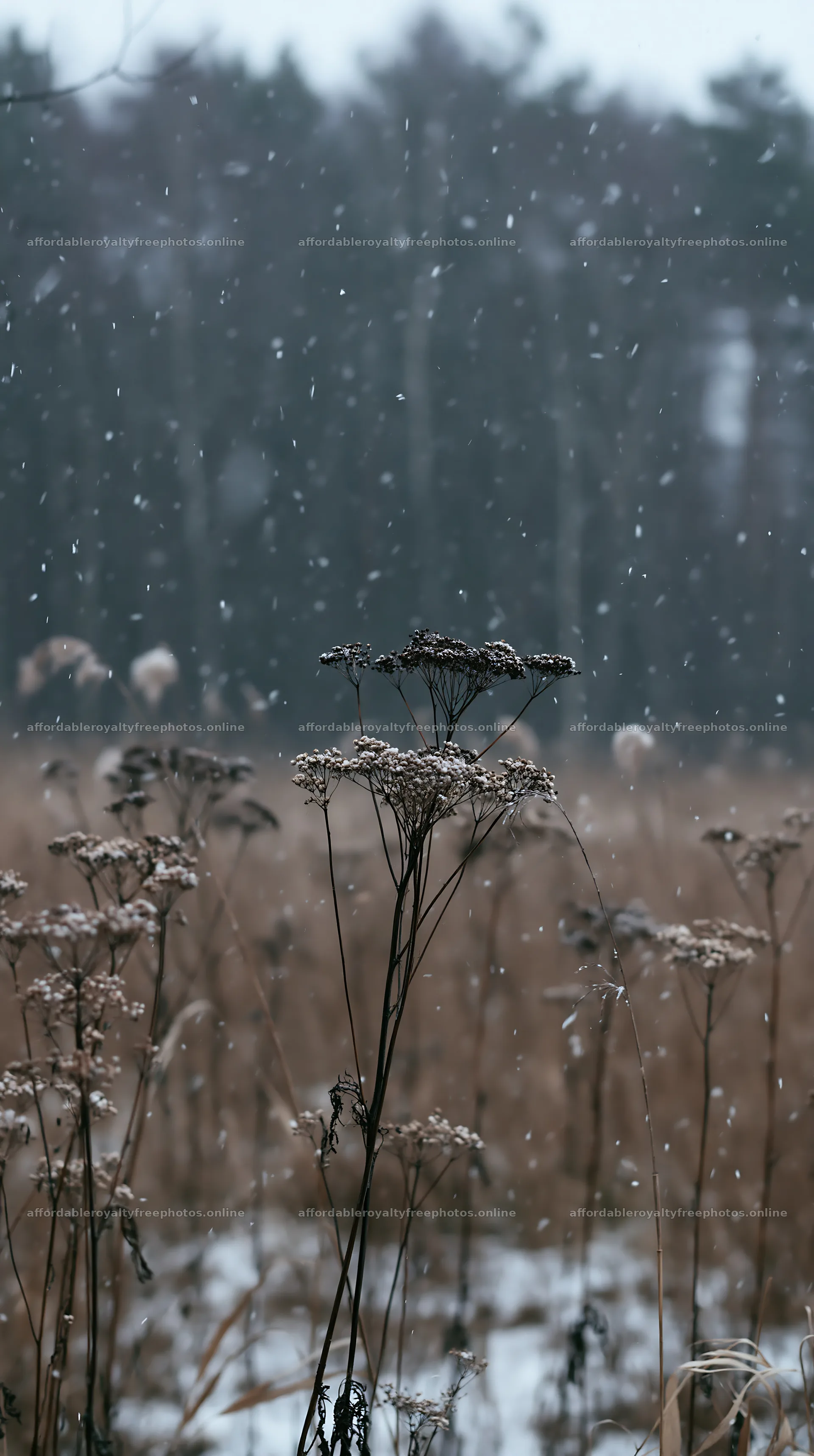 Seedhead meadow in snowfall with trees in the background – royalty-free photos 5938x10608