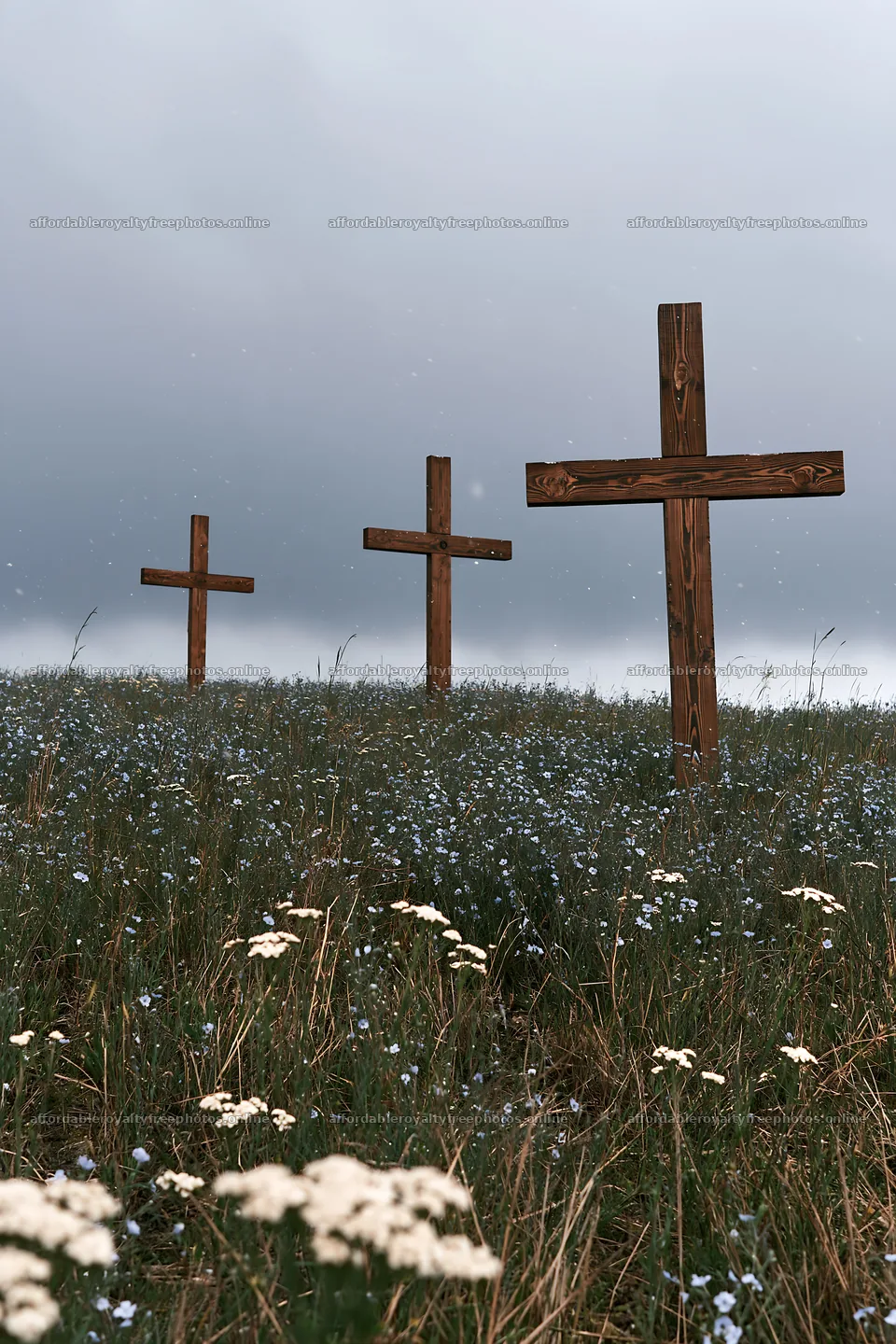 Rustic crosses in a winter meadow with flowers – royalty-free photos 6480x9722