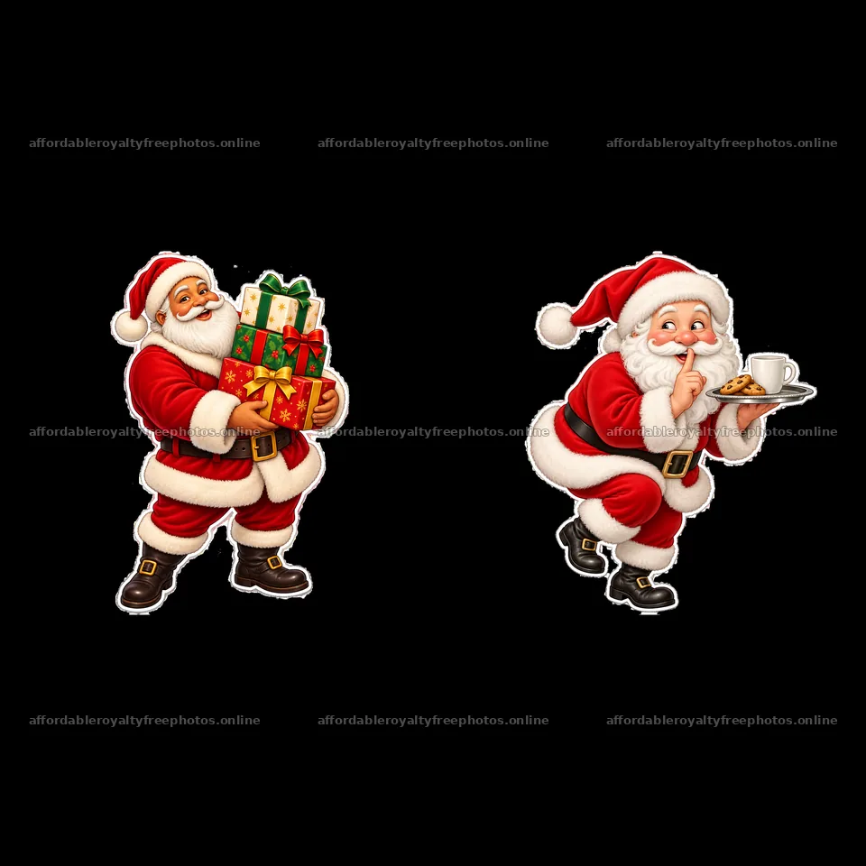 Santa Claus carrying gifts and serving cookies and milk – royalty-free photos 7746x7746