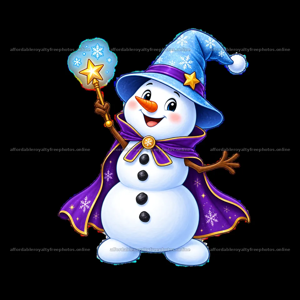 Cheerful snowman with a sparkling wand wearing a magical – royalty-free photos 7746x7746
