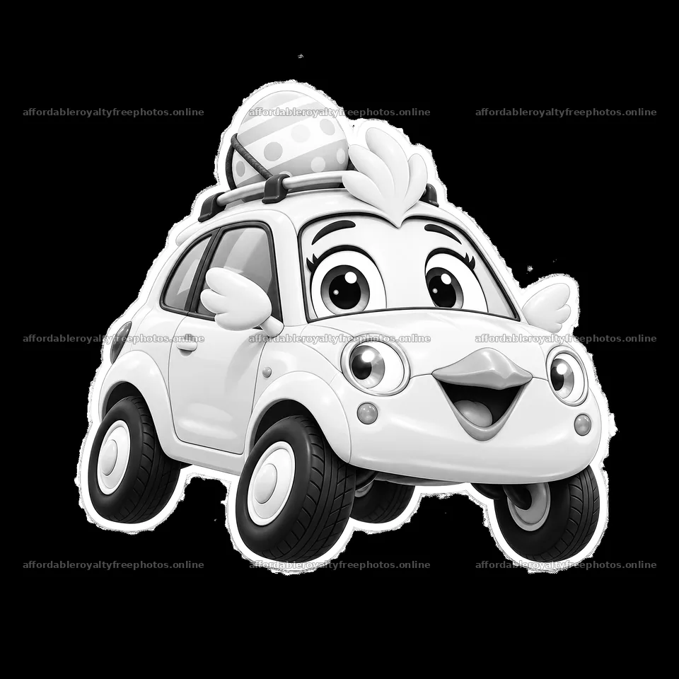 Cartoon car with Easter egg on top and friendly character – royalty-free photos 7746x7746