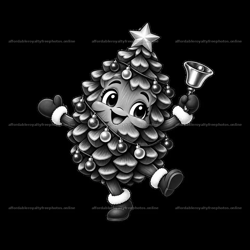 Happy cartoon Christmas tree character with bell – royalty-free photos 7746x7746