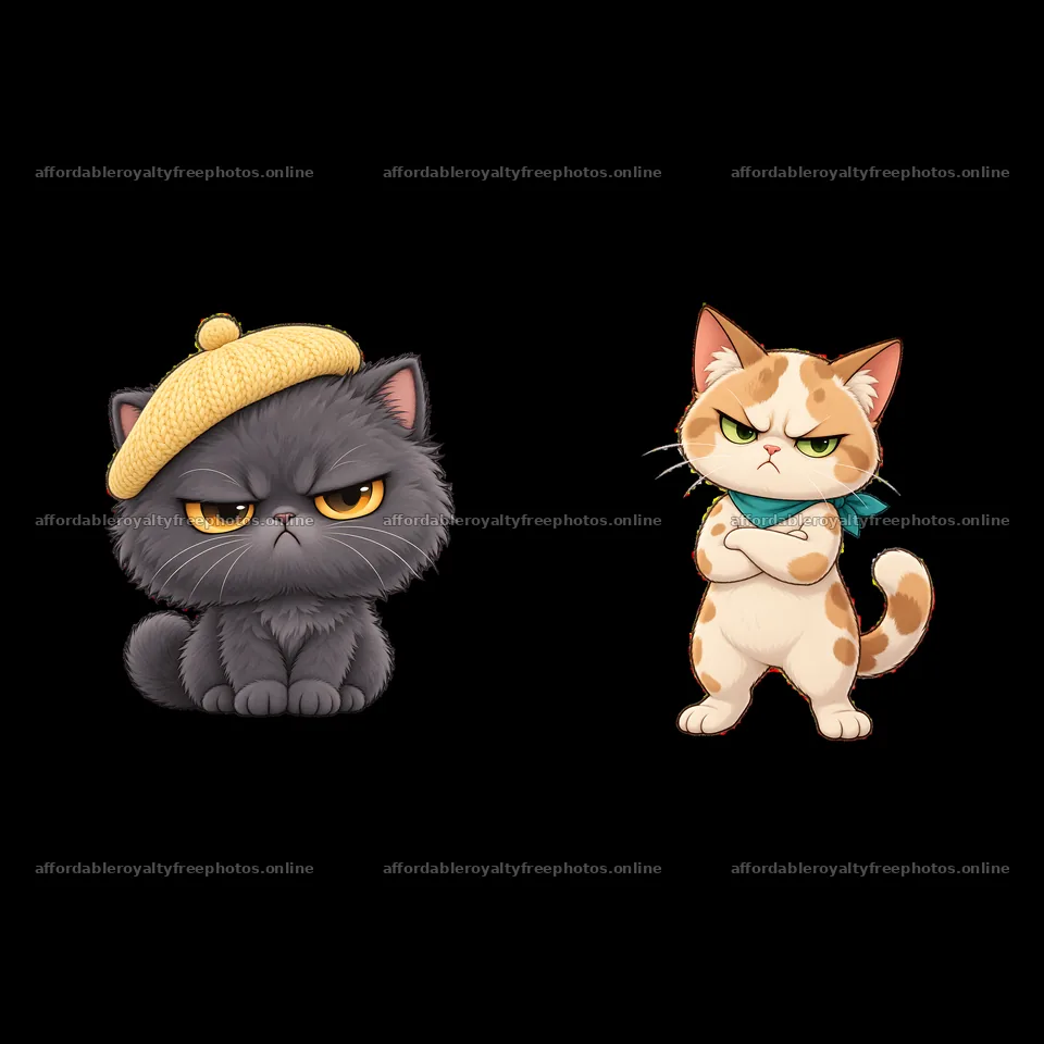 Kawaii grumpy cats with accessories in a playful stance – royalty-free photos 7746x7746