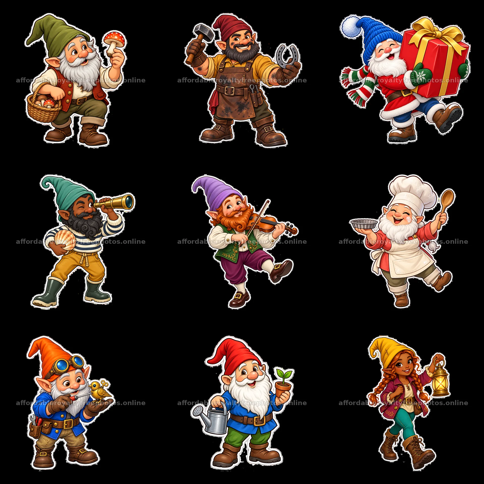 Gnomes engaged in various activities in a 3x3 grid layout – royalty-free photos 7746x7746