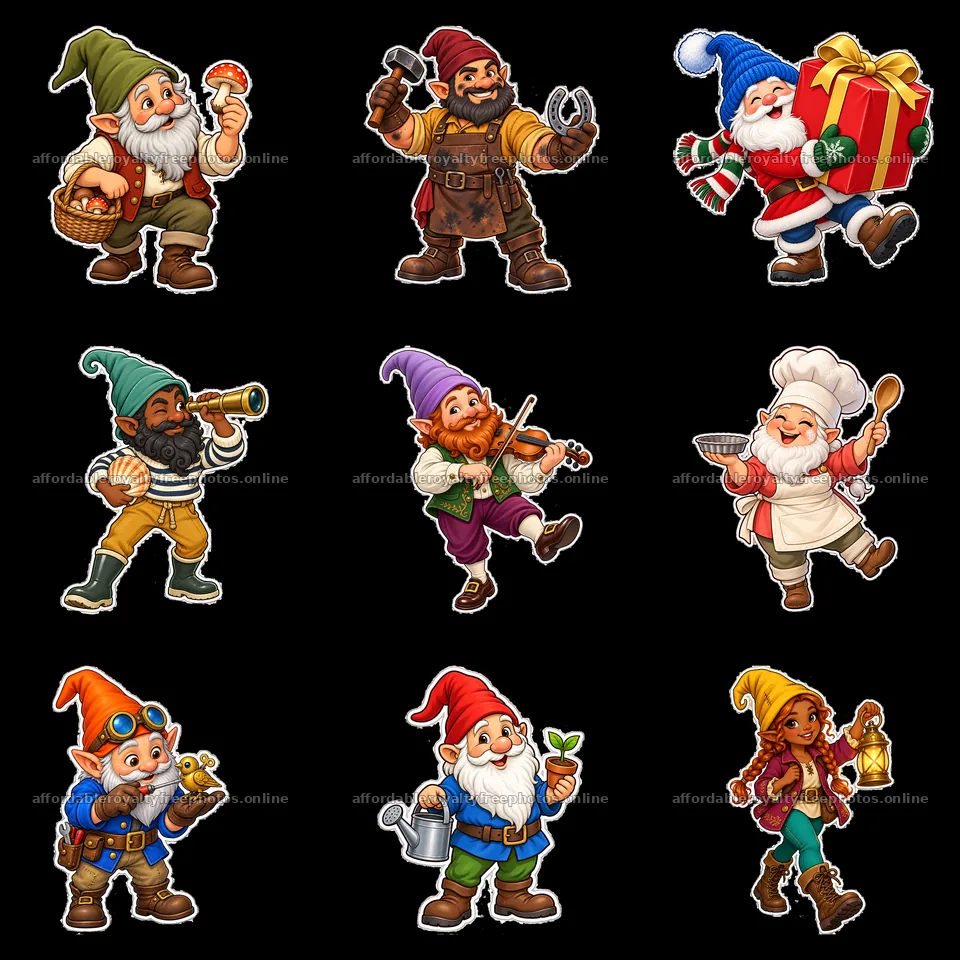 Gnomes engaged in various activities in a 3x3 grid layout – royalty-free photos 7746x7746