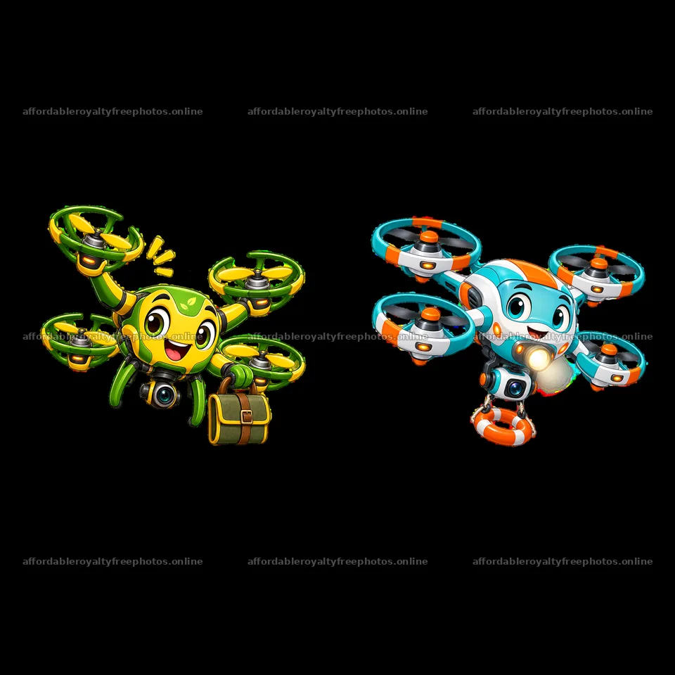 Cartoon drone characters with accessories in playful – royalty-free photos 7746x7746