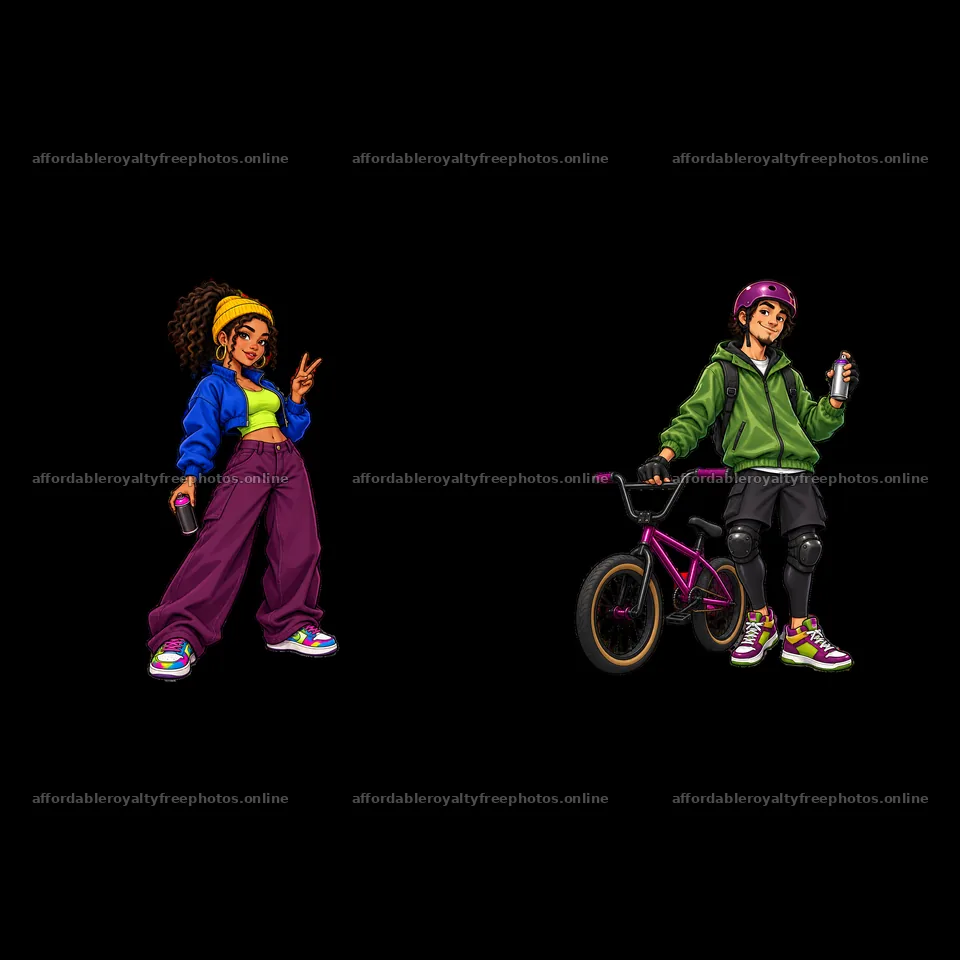 Cool graffiti sprayer duo with bicycle and spray paint – royalty-free photos 7746x7746