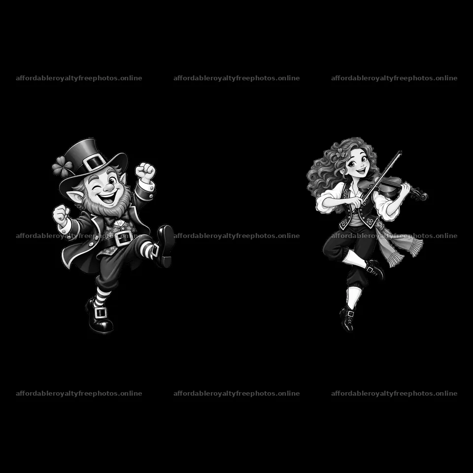 Leprechaun dancing with a girl playing violin for St. – royalty-free photos 7746x7746