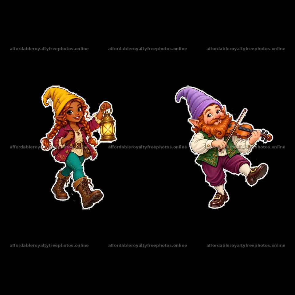 Gnome characters with lantern and violin in playful pose – royalty-free photos 7746x7746