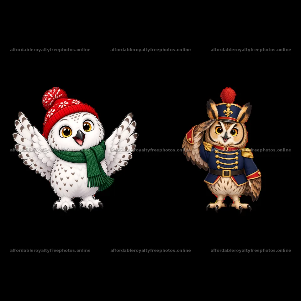 Christmas owls wearing hats and scarves in festive attire – royalty-free photos 7746x7746