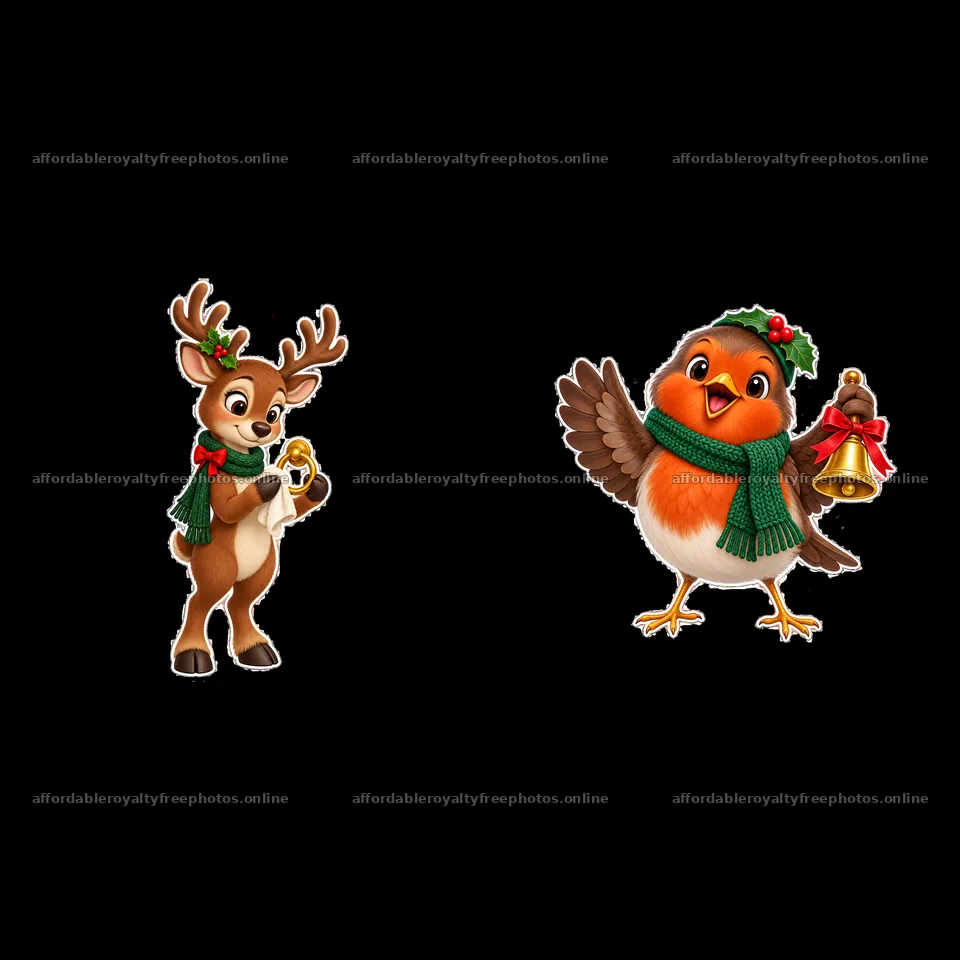 Christmas reindeer with bell and bird wearing scarf – royalty-free photos 7746x7746