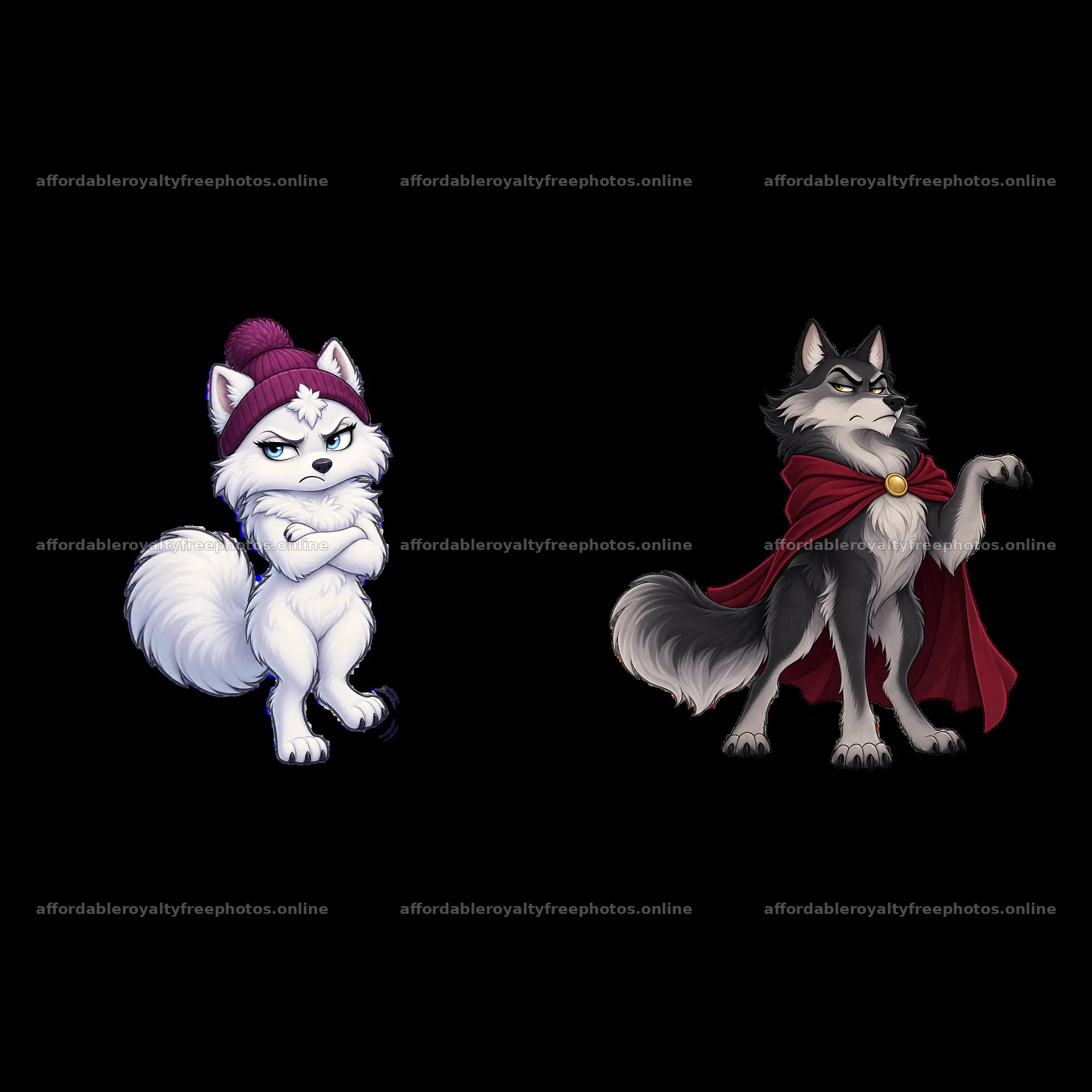 Grumpy wolf characters in playful poses with contrasting – royalty-free photos 7746x7746