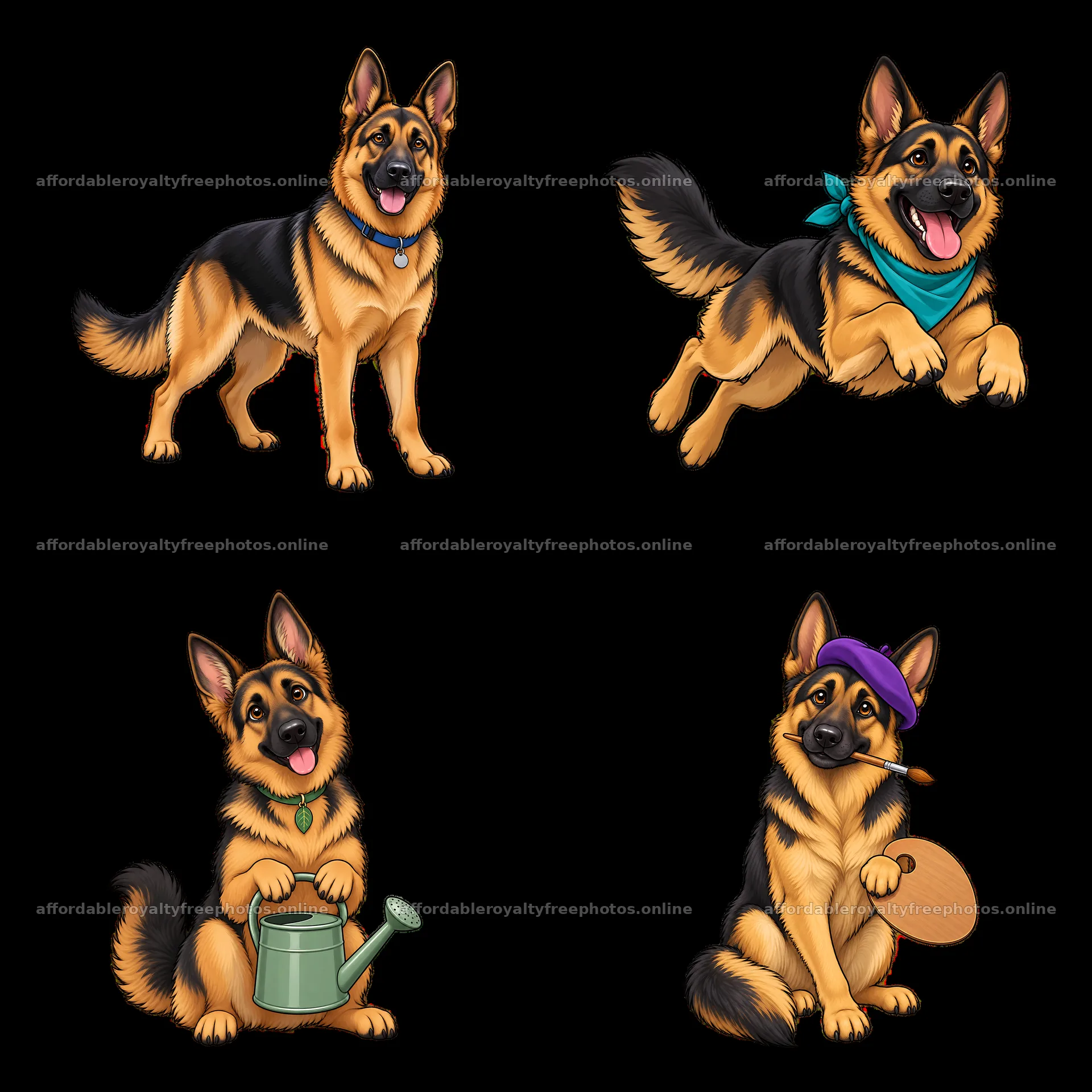 Four playful German Shepherd dog stickers in fun – royalty-free photos 7746x7746