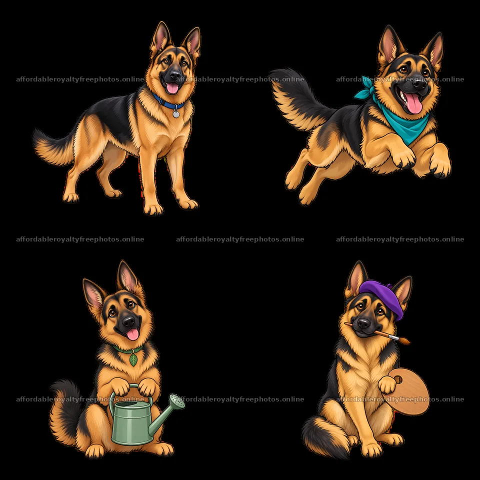 Four playful German Shepherd dog stickers in fun – royalty-free photos 7746x7746