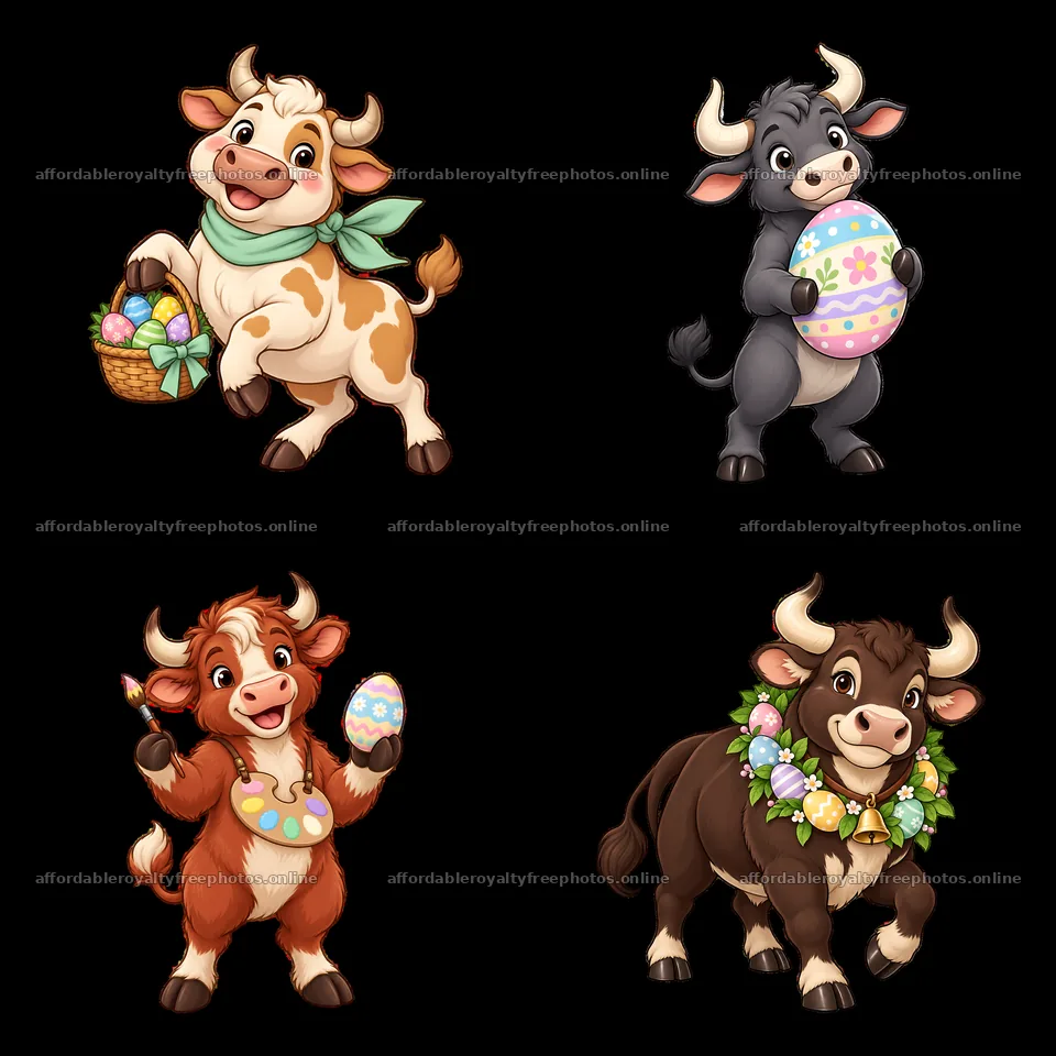 Colorful cartoon oxen celebrating Easter with eggs and – royalty-free photos 7746x7746