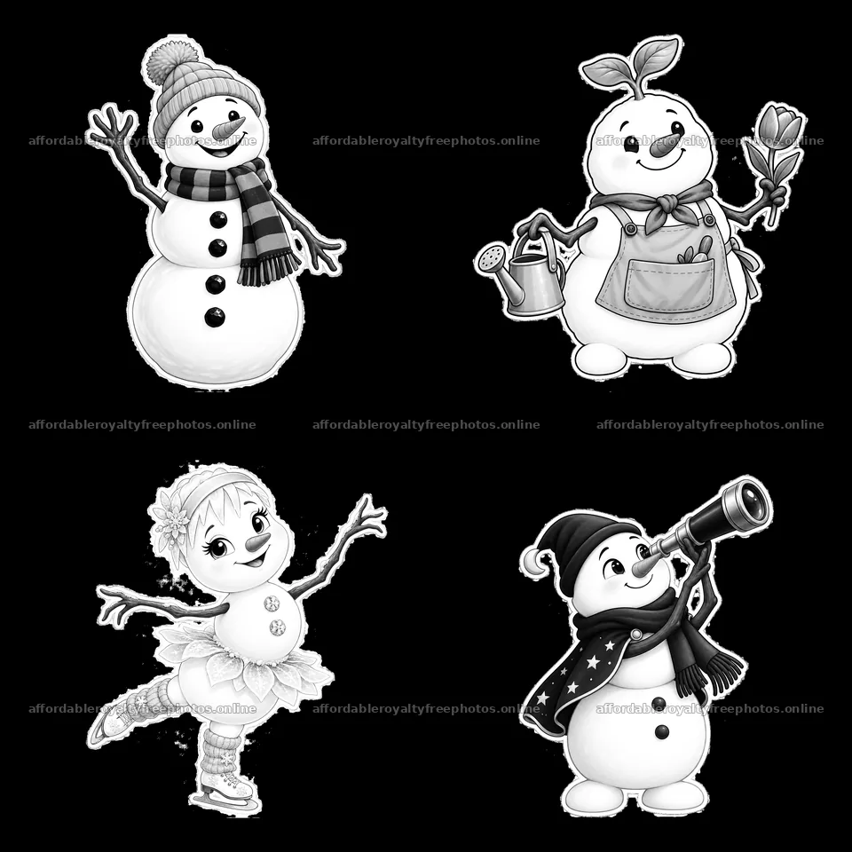 Snowman characters with activities in a monochrome layout – royalty-free photos 7746x7746