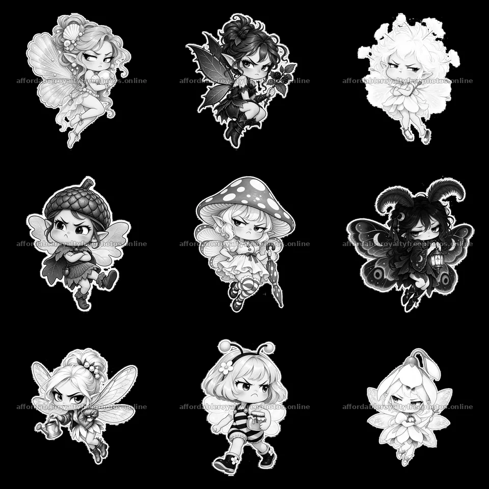 Kawaii grumpy fairies and creatures in a 3x3 layout – royalty-free photos 7746x7746