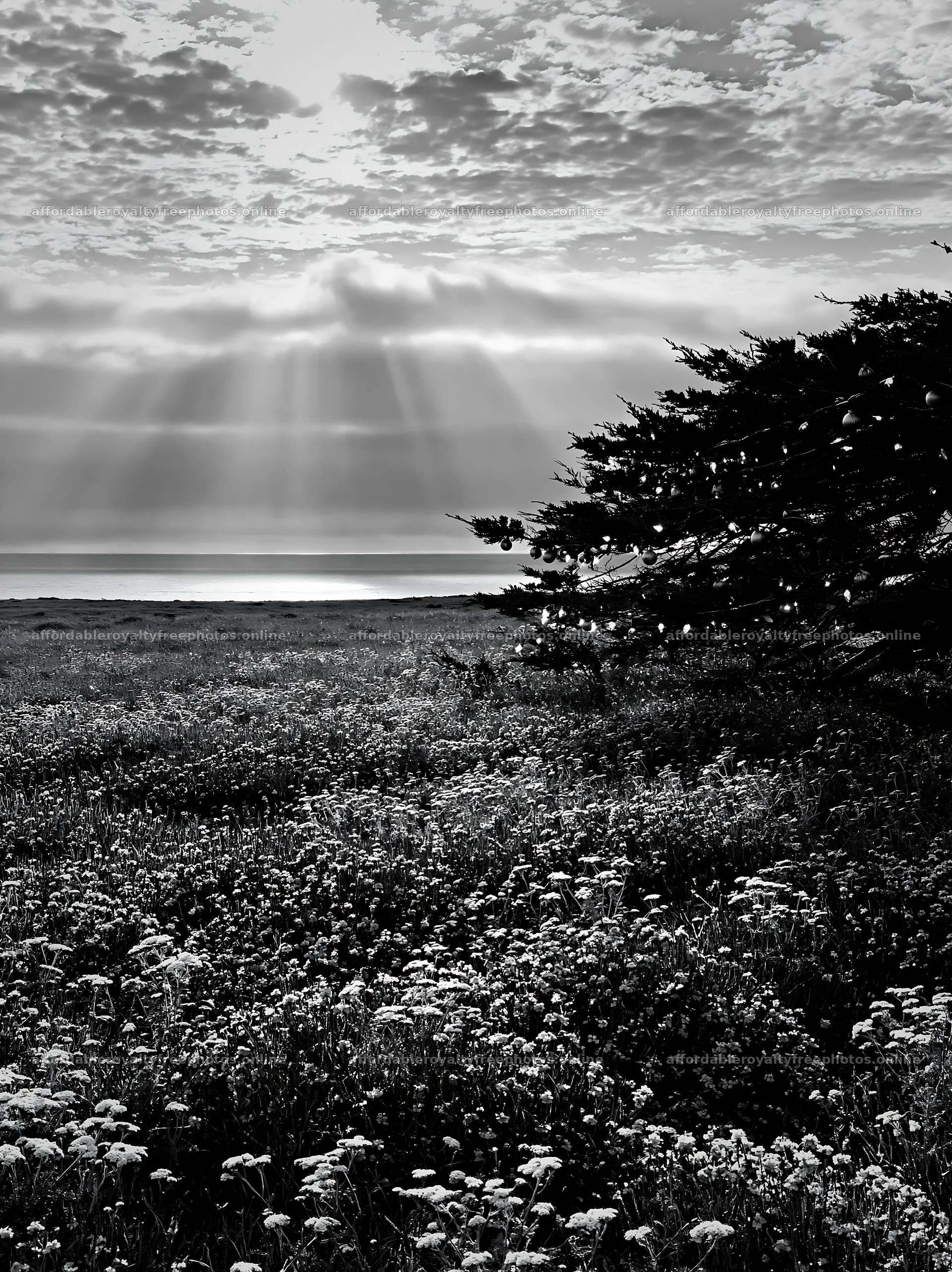 Meadow with Christmas lights under clouds and sun rays – royalty-free photos 6866x9174