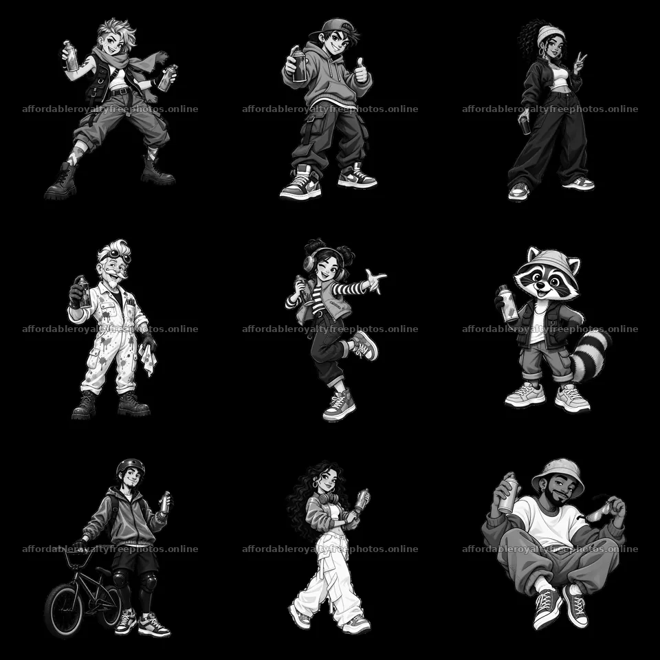Cool cartoon graffiti sprayers in a 3x3 grid layout – royalty-free photos 7746x7746