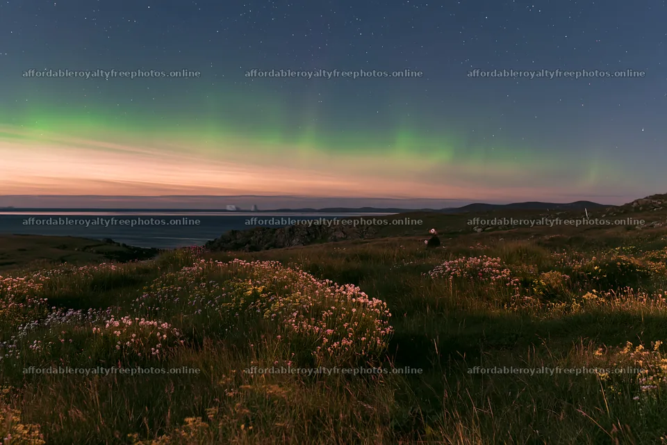 Aurora lights above meadow by the coast at night – royalty-free photos 9722x6480