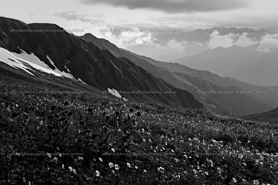 Snowline meadow with flowers and mountain landscape – royalty-free photos 9722x6480