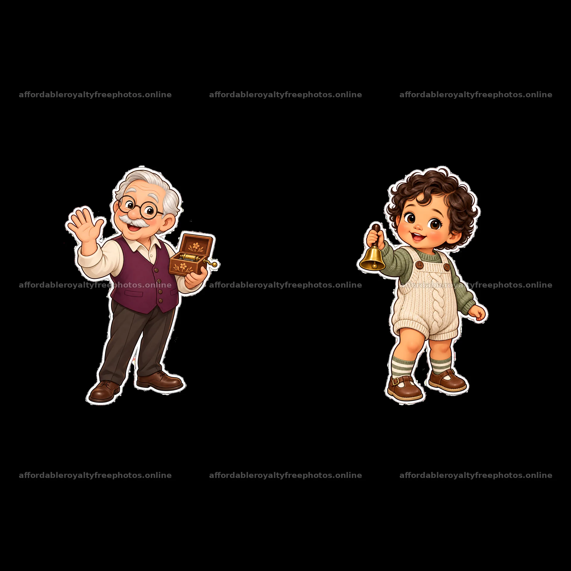 Grandfather waving and child holding a bell cartoon – royalty-free photos 7746x7746