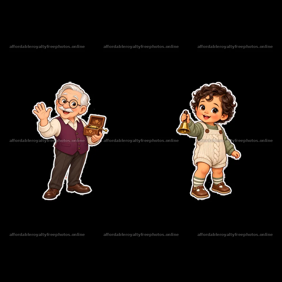 Grandfather waving and child holding a bell cartoon – royalty-free photos 7746x7746