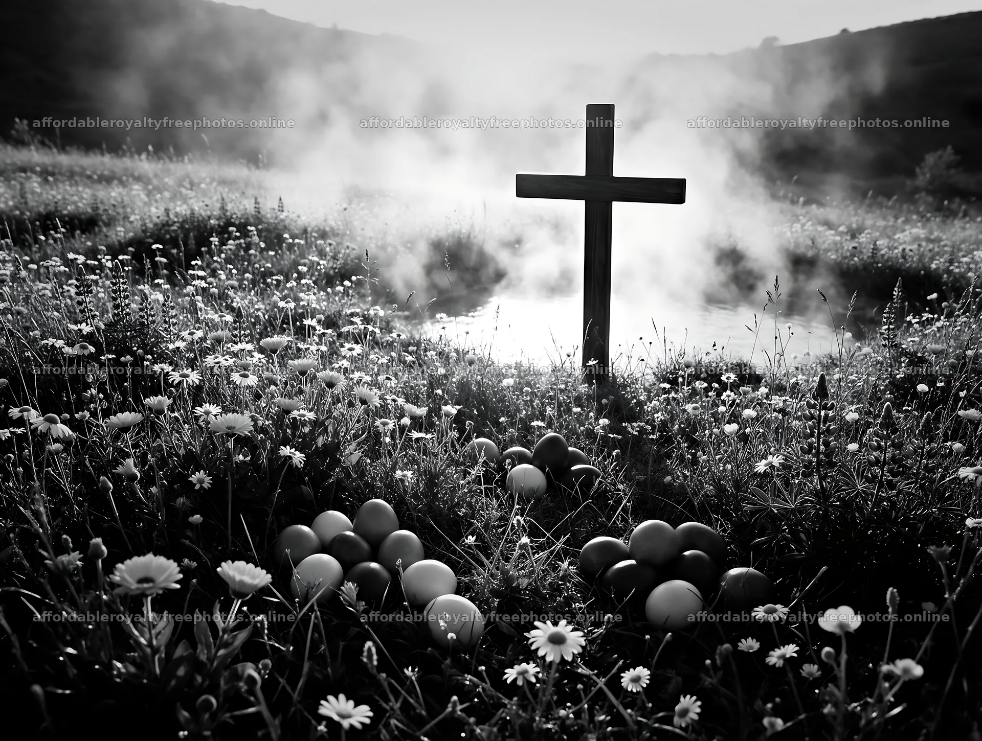 Wooden Christian cross in hot spring meadow with flowers – royalty-free photos 9134x6898