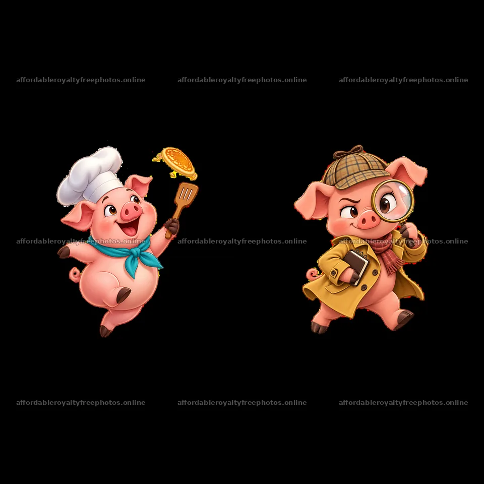Chef pig and detective pig cartoon sticker pair – royalty-free photos 7746x7746
