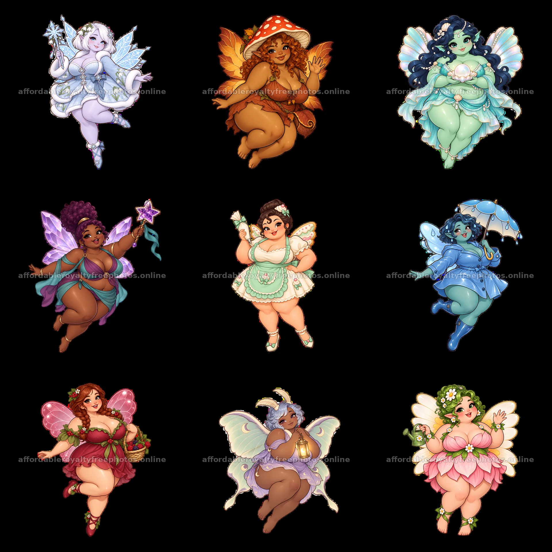 Cute ultra-fat fairies in a 3x3 grid showcasing diverse – royalty-free photos 7746x7746