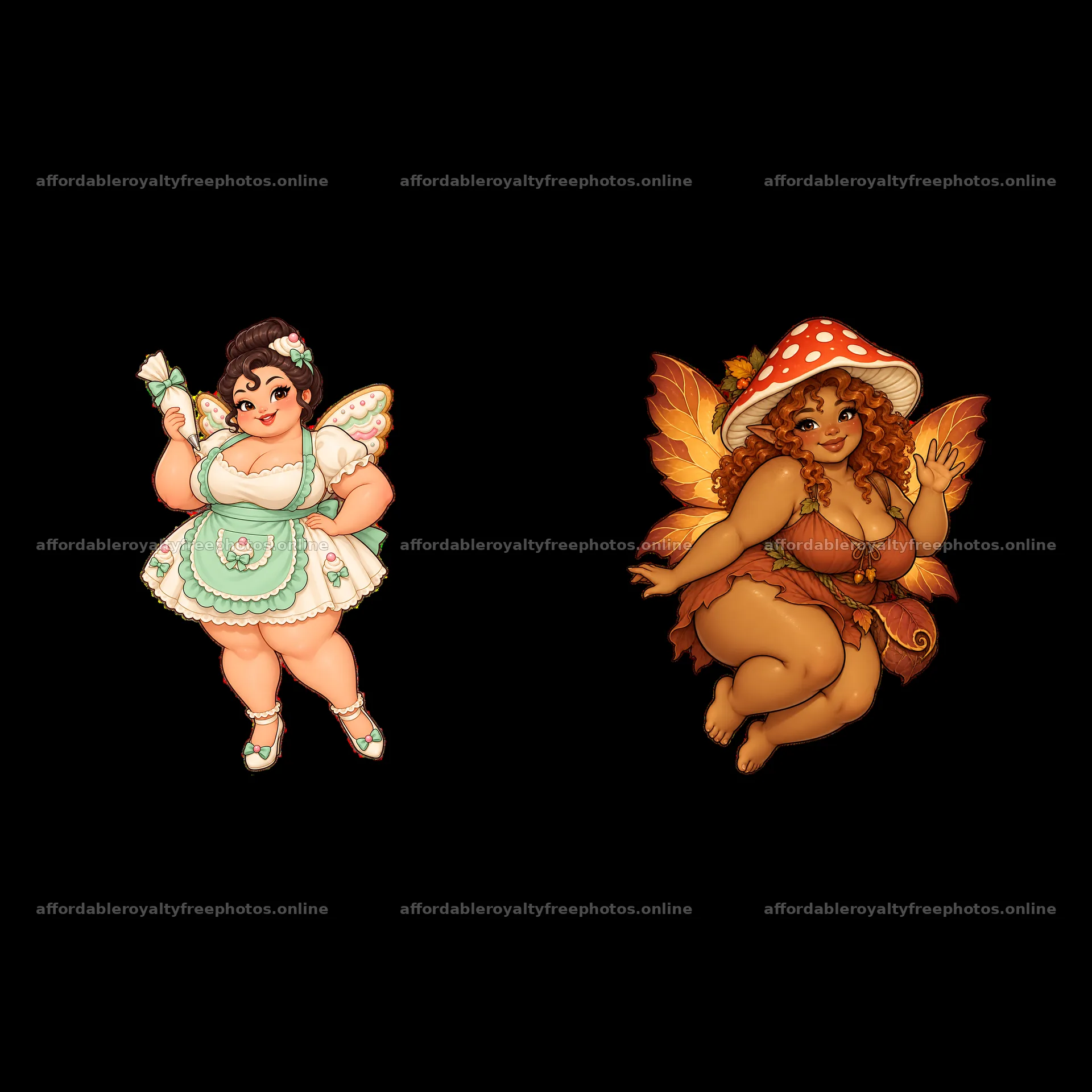 Kawaii ultra-fat fairy friends in playful poses – royalty-free photos 7746x7746
