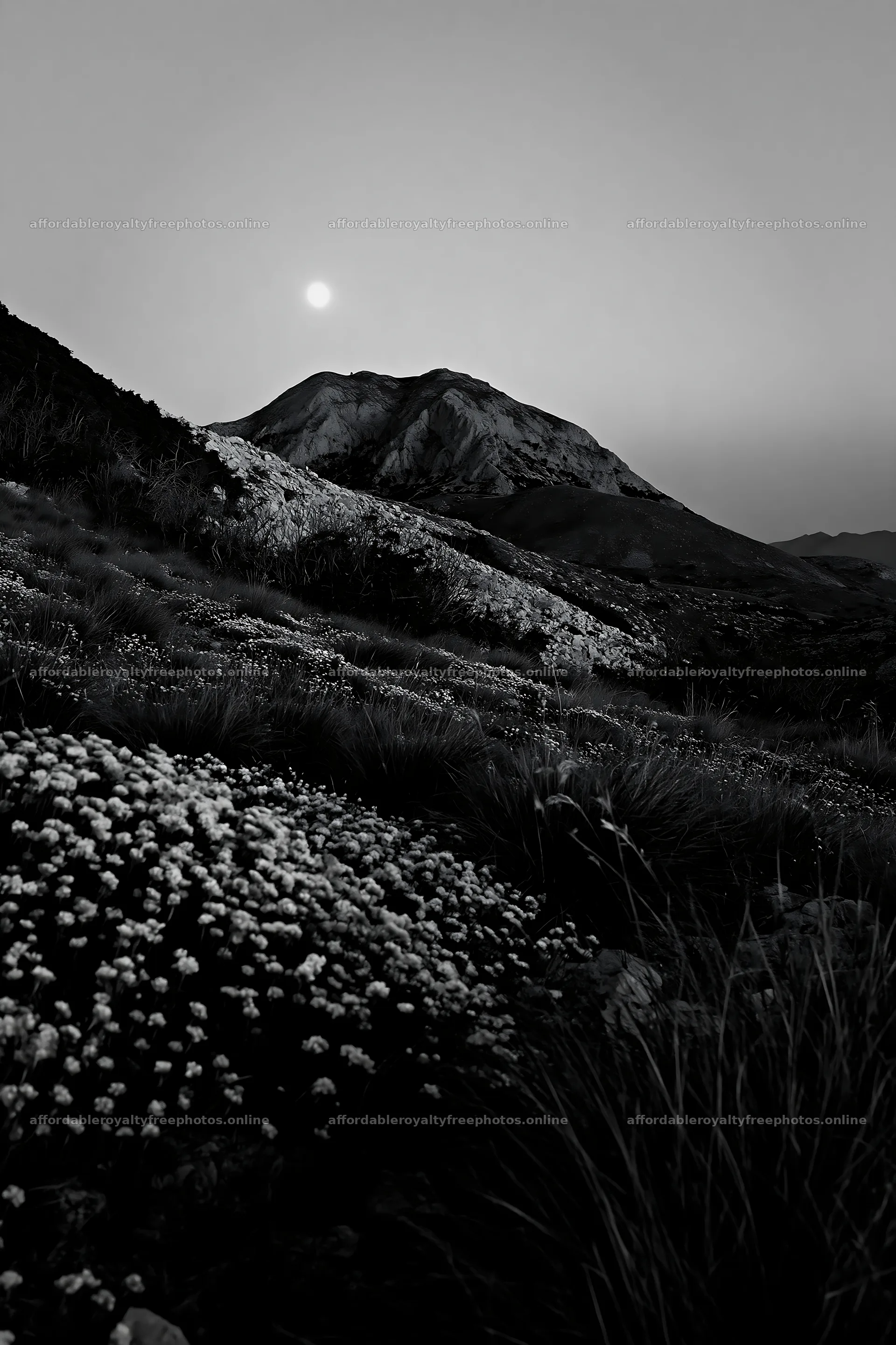 Moonrise over a meadow with flowers and mountains – royalty-free photos 6480x9722