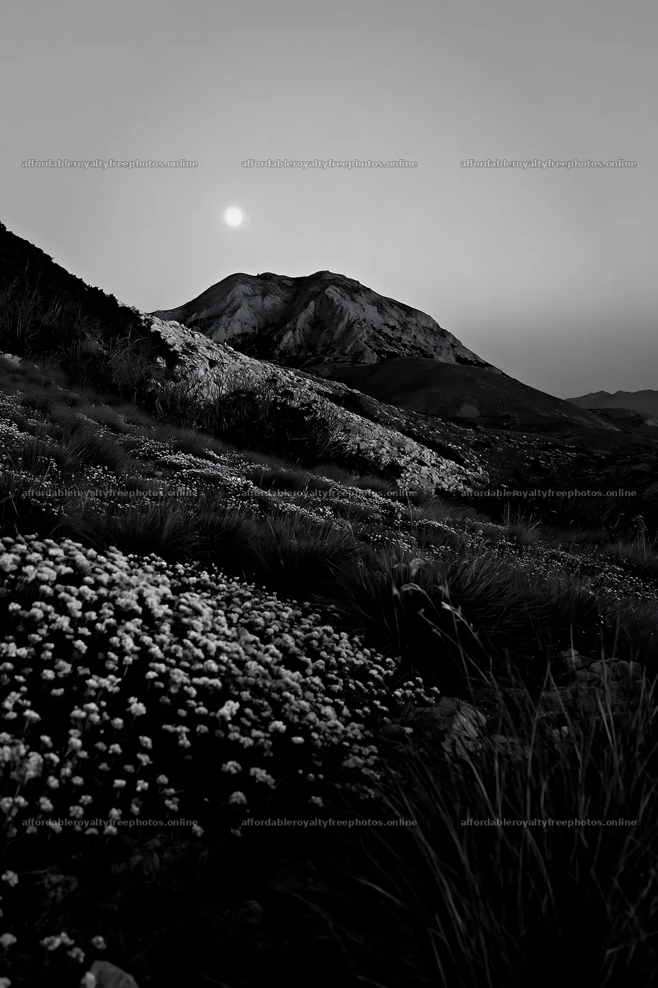 Moonrise over a meadow with flowers and mountains – royalty-free photos 6480x9722