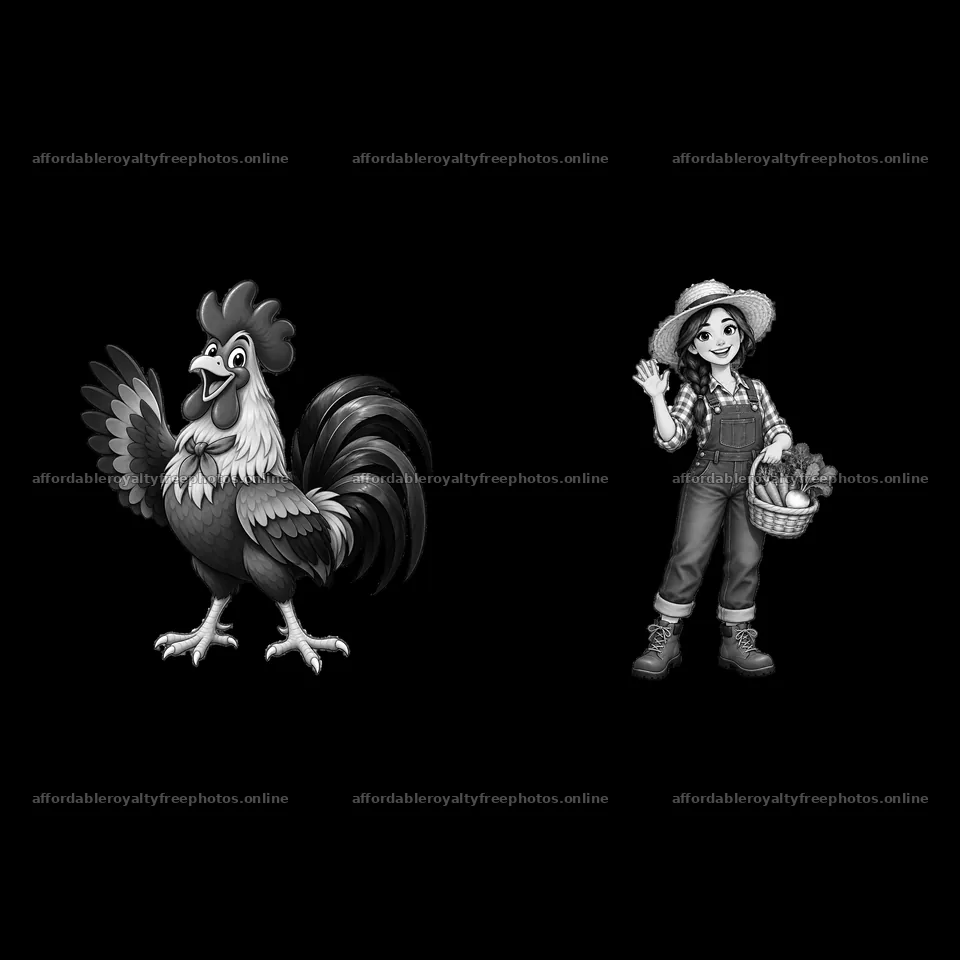 Rooster and farm girl with basket in black-and-white – royalty-free photos 7746x7746