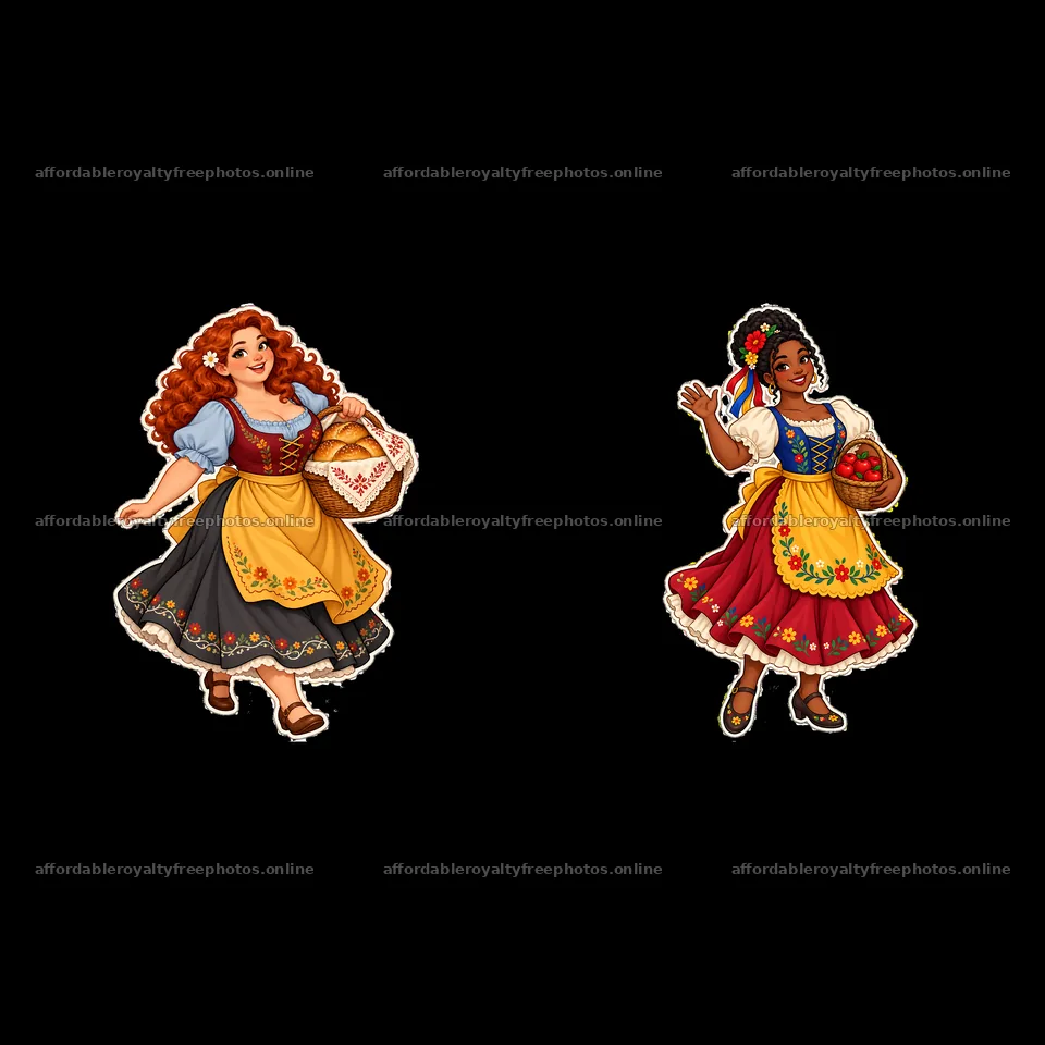 Women in folk dress walking with baskets in a vibrant – royalty-free photos 7746x7746