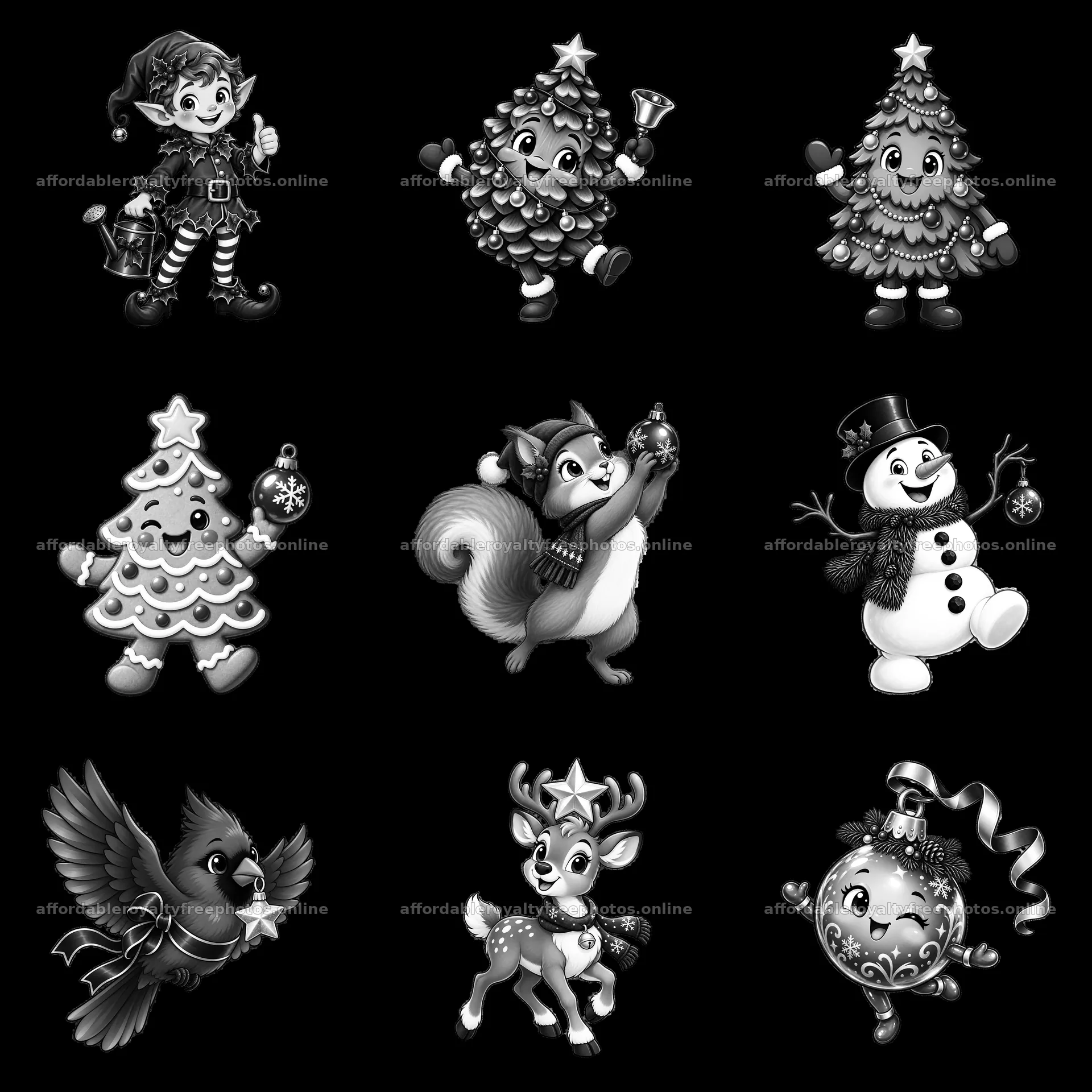 Christmas characters and ornaments in a 3x3 grid layout – royalty-free photos 7746x7746