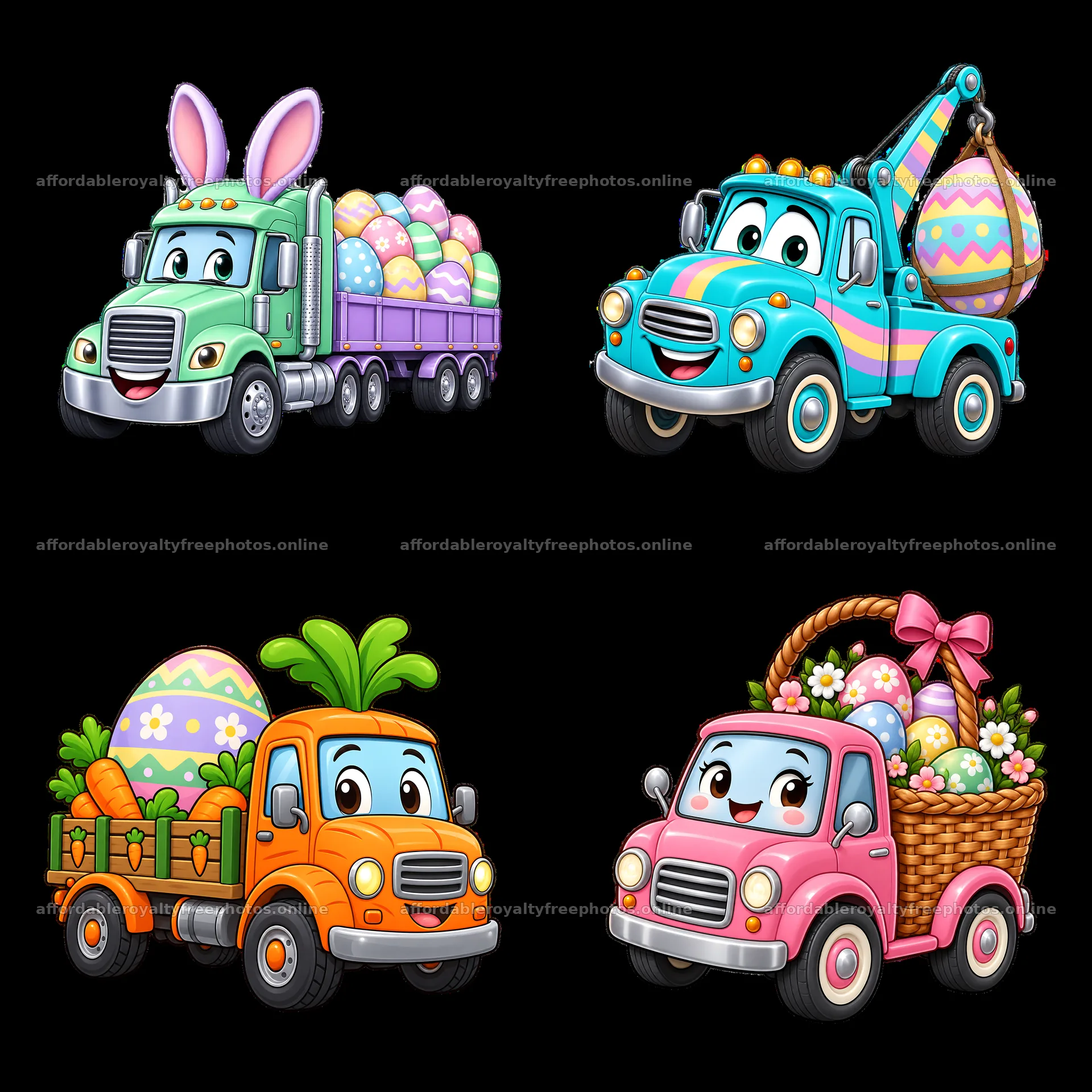 Easter themed trucks with eggs and carrots in a 2x2 – royalty-free photos 7746x7746