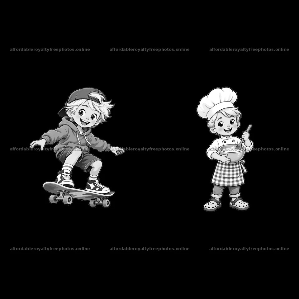 Blond child on skateboard and chef child with mixing bowl – royalty-free photos 7746x7746