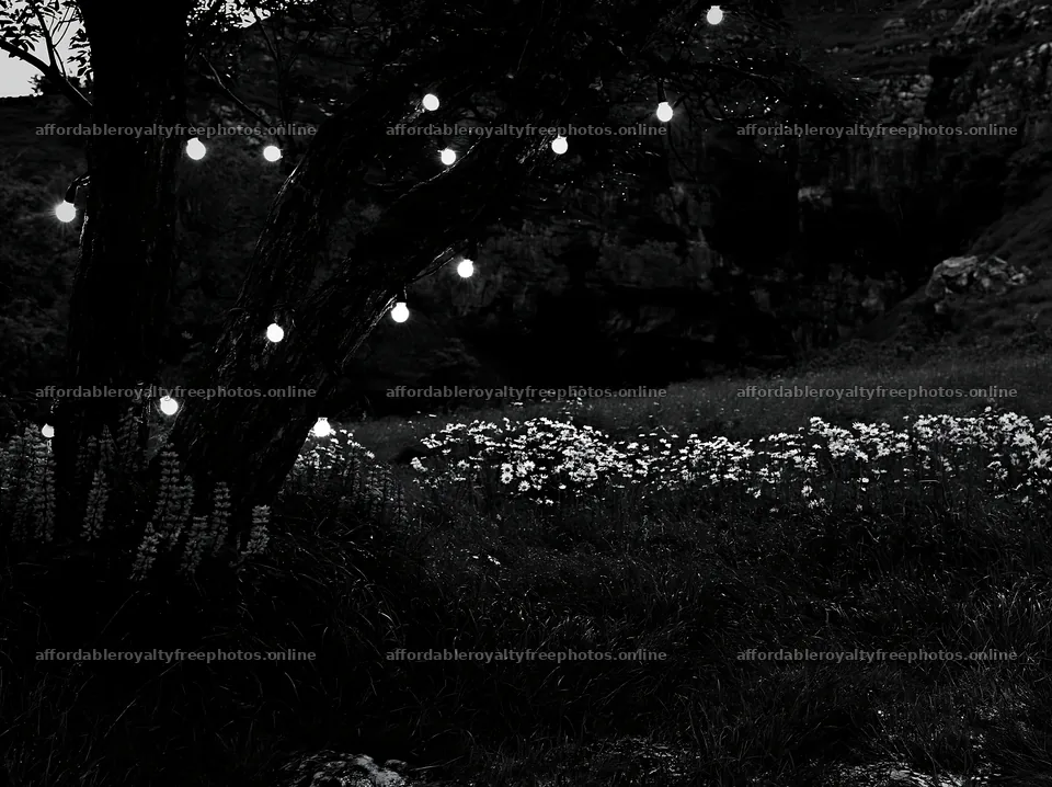 Christmas lights in meadow by cave at night – royalty-free photos 9174x6866