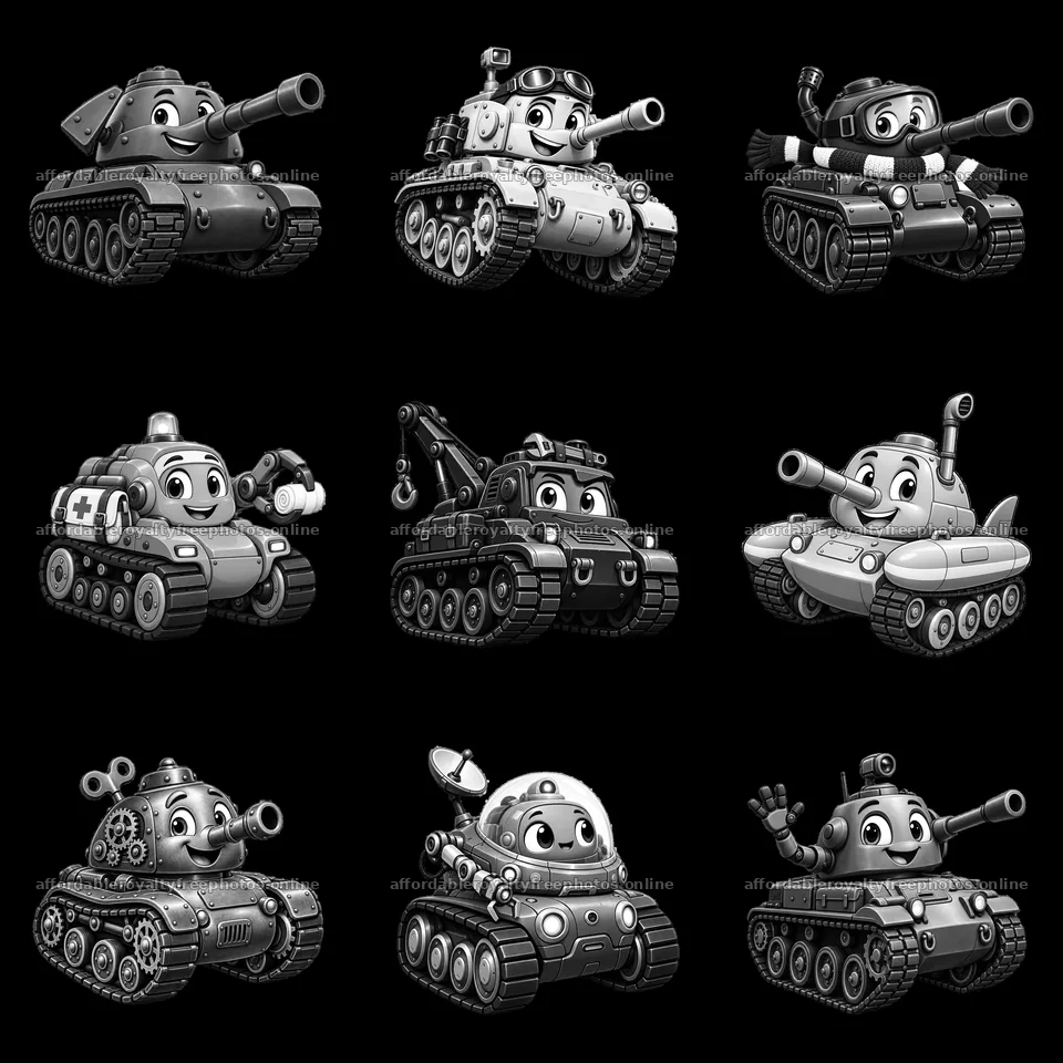 Cartoon tank characters in a 3x3 grid layout with – royalty-free photos 7746x7746