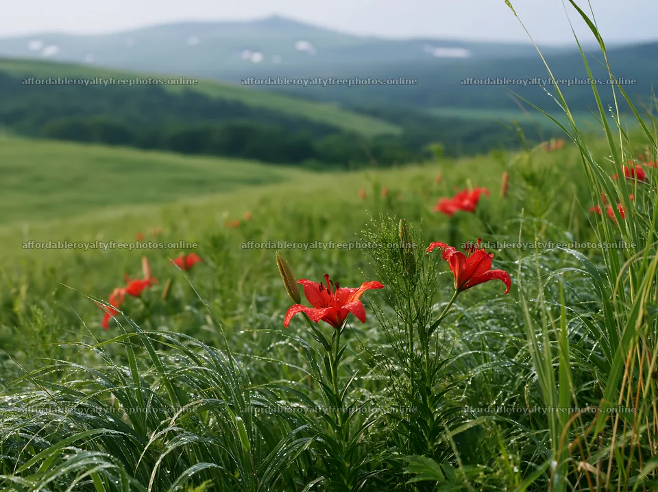 Expansive Hokkaido restoration meadow with dewdrops – royalty-free photos 9174x6866